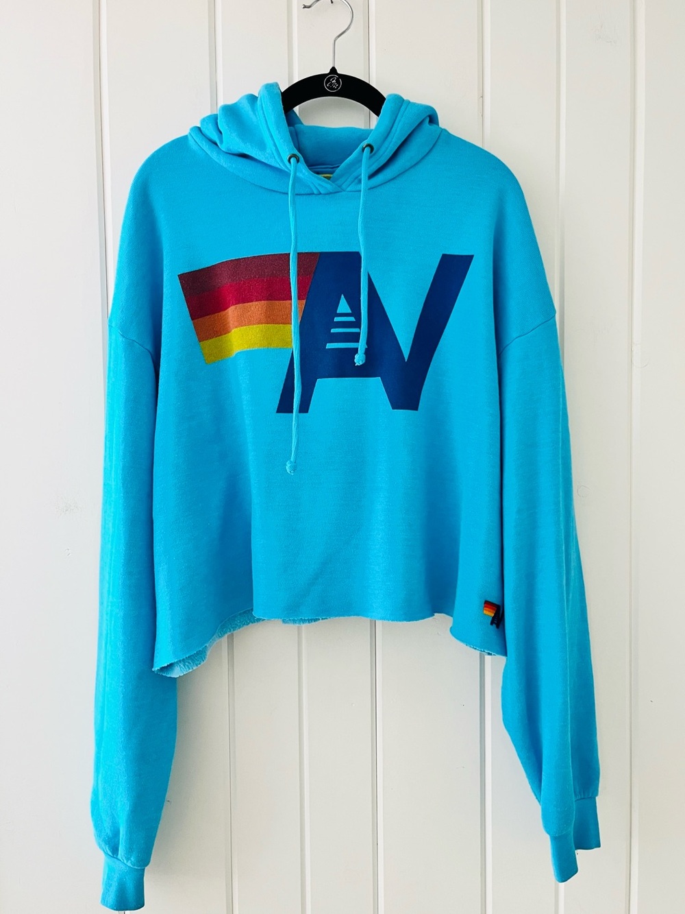 Aviator Nation Pullover Relaxed Fit Cropped Teal Hoodie, Sz S